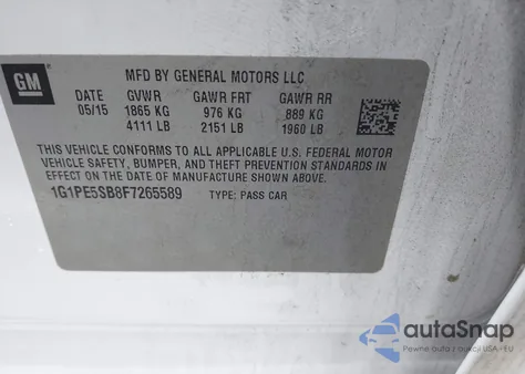 2015 Chevrolet Cruze 2Lt Auto from USA, damaged, VIN 1G1PE5SB8F7265589